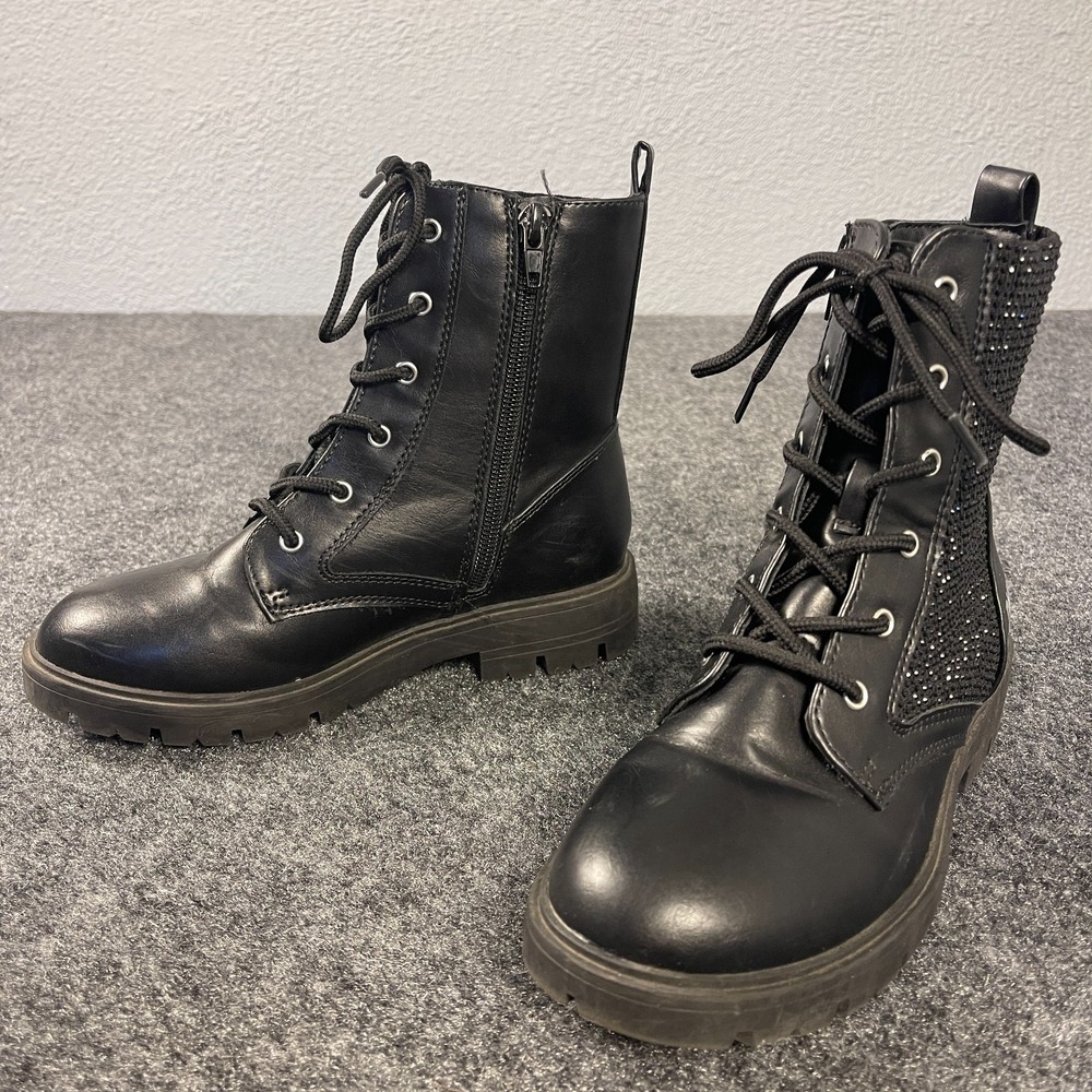 DKNY Girls Combat Boots Youth 2 Black Lace Up Zipper Rhinestone Lug Sole